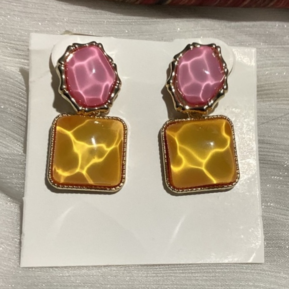 💋 Stunning Pink & Orange Translucent Geometric Resin Drop Water Ripple Earring
